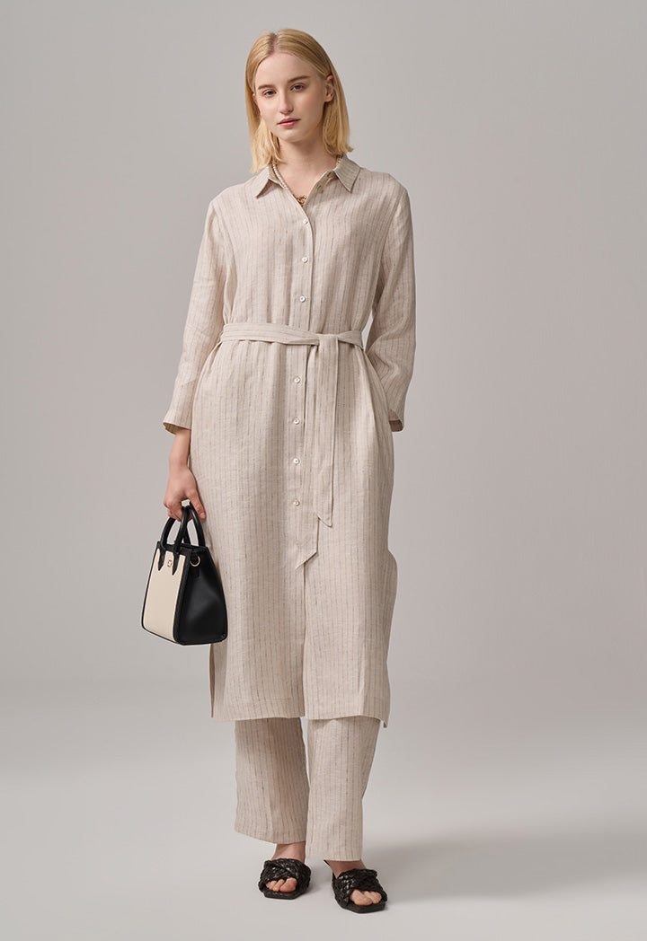 Choice Striped Long Sleeve Belted Shirt Dress Beige