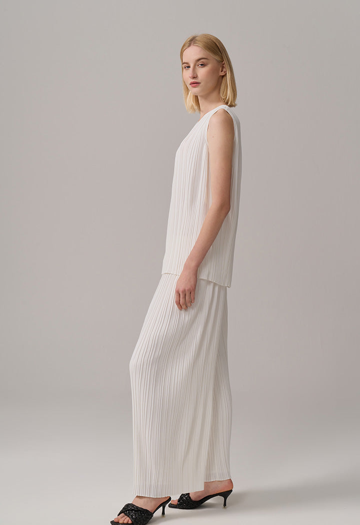 Choice Solid Sleeveless Pleated Top Off White