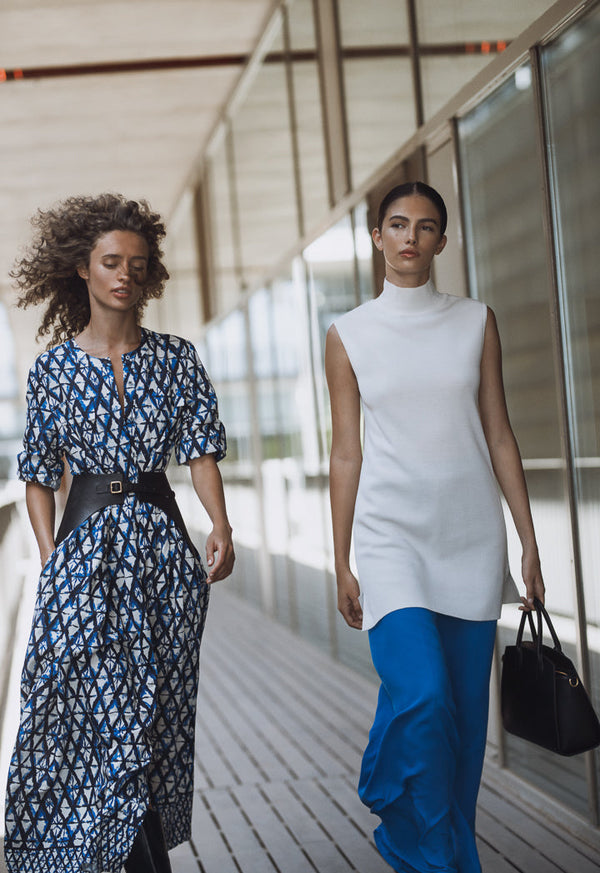 Choice Geometric Printed Belted Dress Indigo