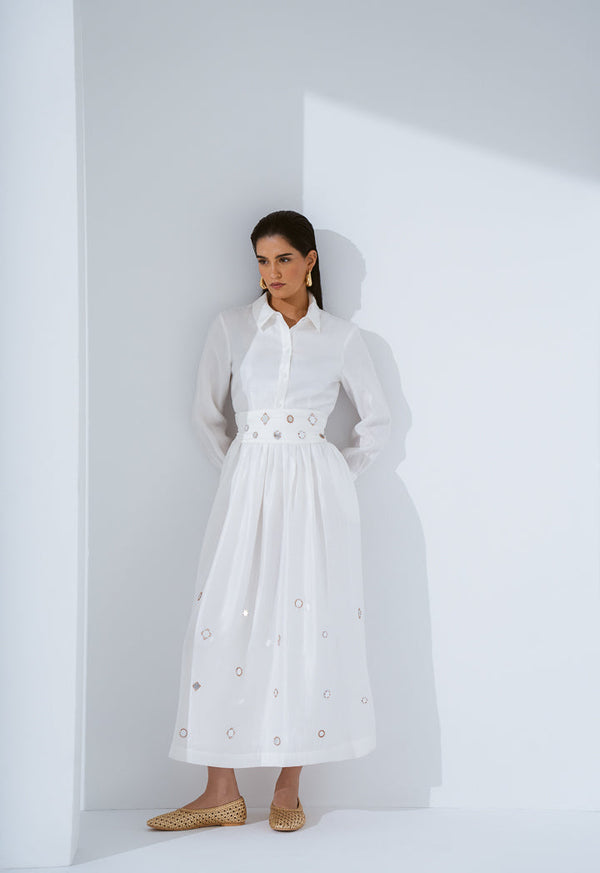 Choice Mirror Embroidered Belted Maxi Dress Off White