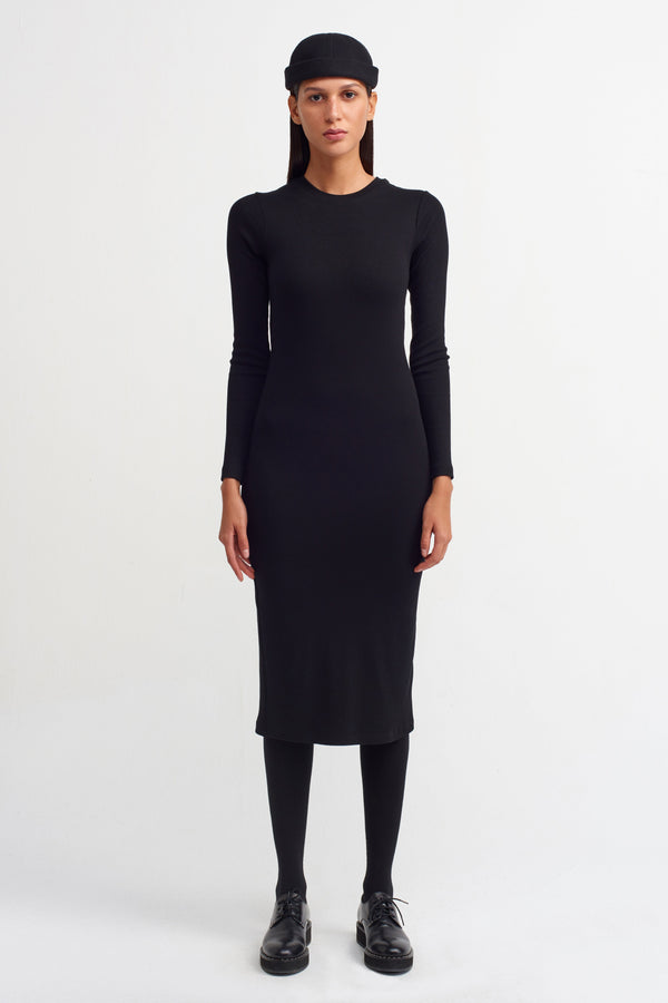 Nu Knit Long Sleeve Midi Dress Black