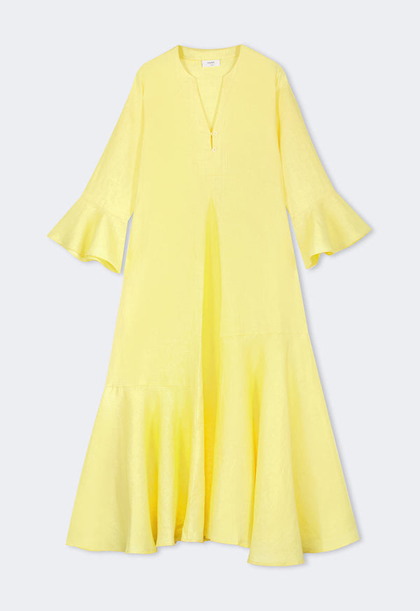 Choice Solid Bell Sleeves Linen Dress Lemon