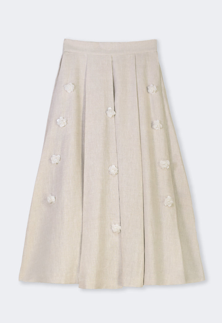 Choice Flared Linen Pleated Skirt Beige