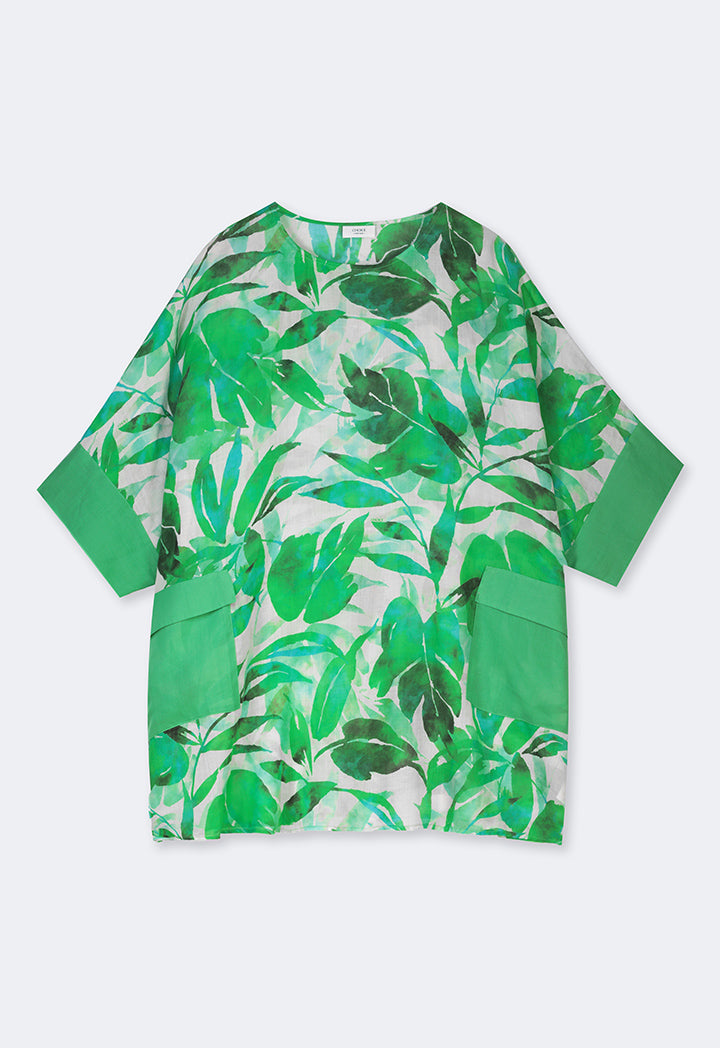 Choice Oversize Printed Front Flap Pockets Blouse Green