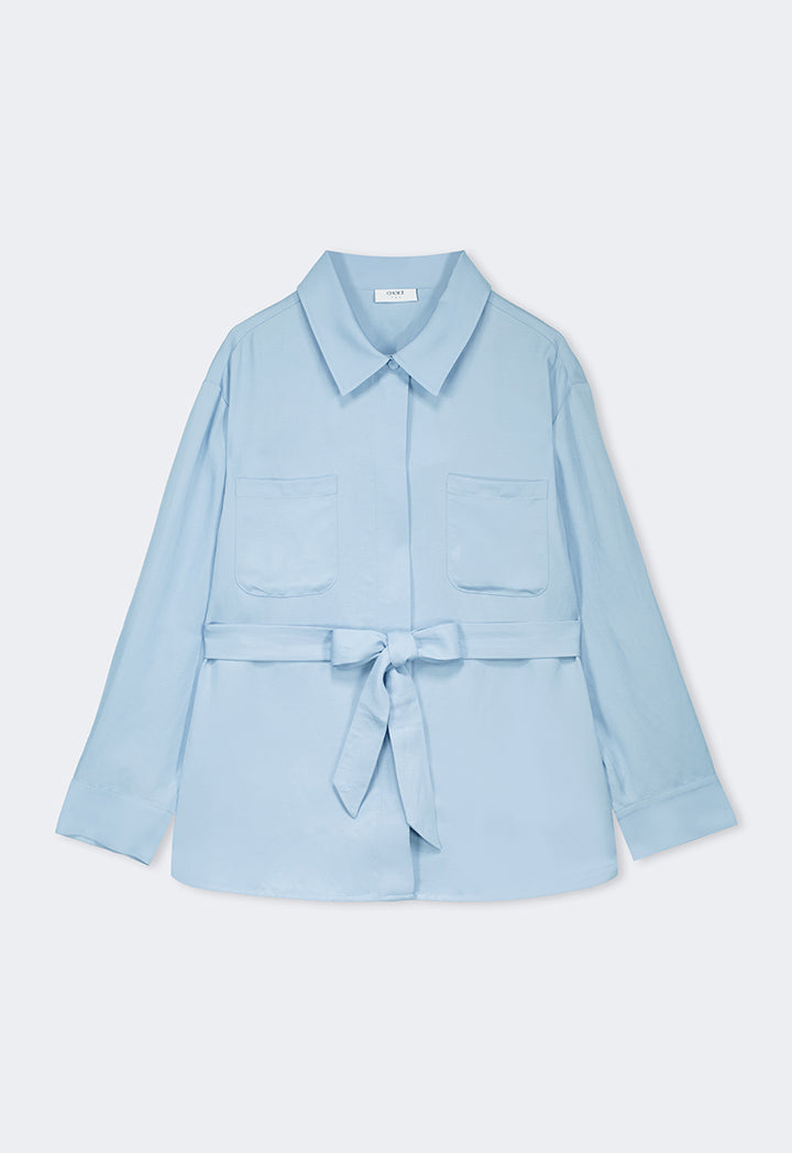 Choice Solid Front Pockets Belted Shirt Blue