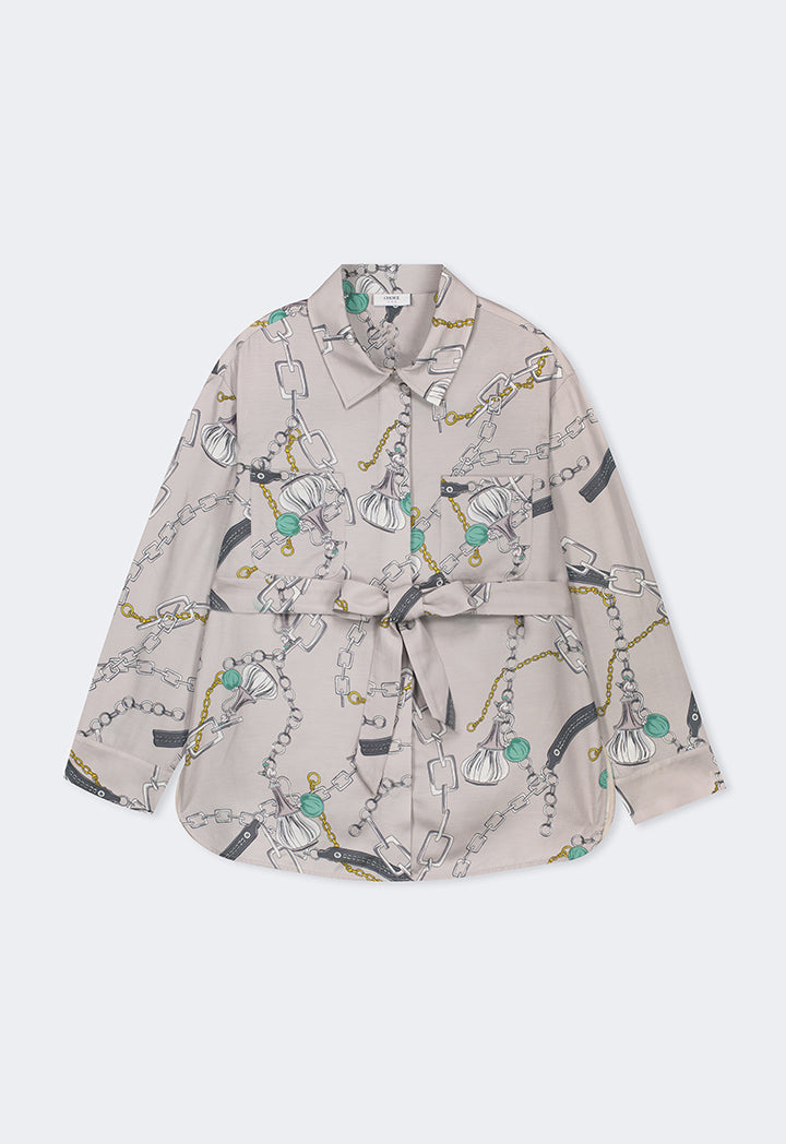 Choice Front Pockets Chains Print Shirt Multi Color