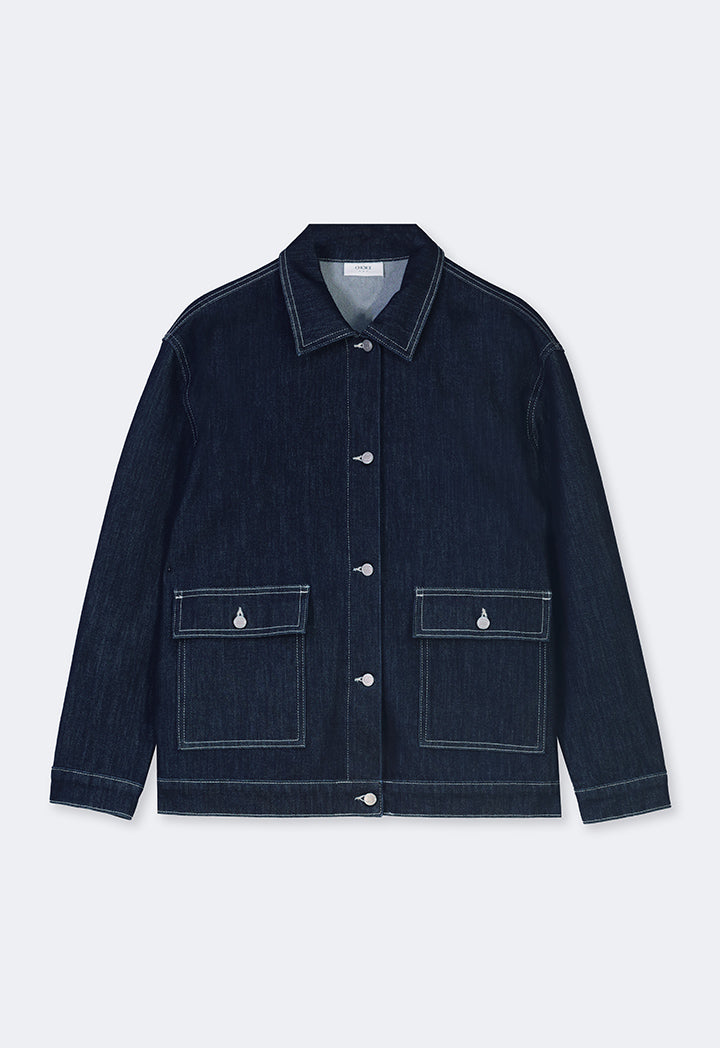 Choice Front Flap Pockets Solid Denim Jacket Navy