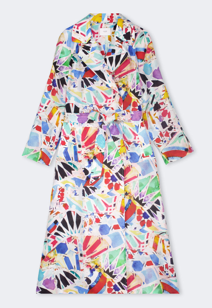 Choice Notched Collar Belted Abstract Print Coat Multi Color