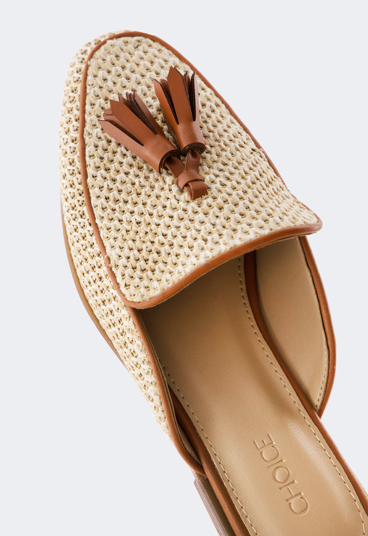 Choice Intricate Faux Straw Mules Camel