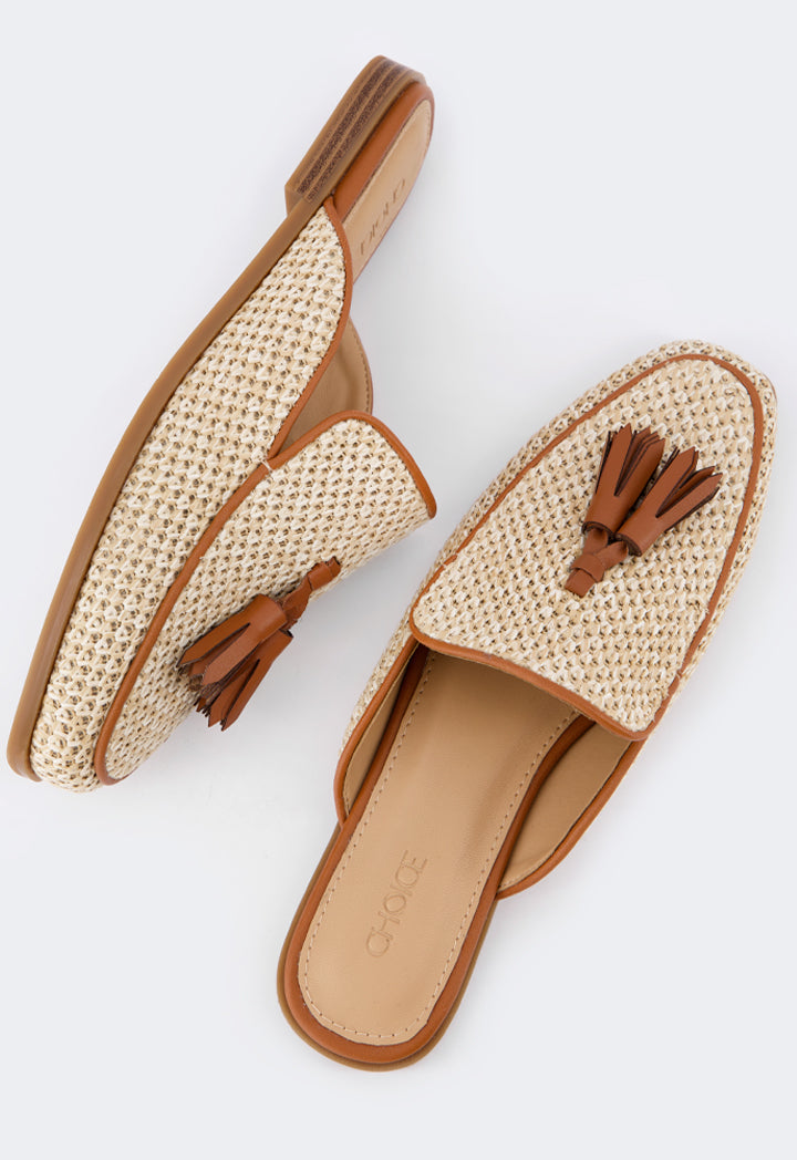 Choice Intricate Faux Straw Mules Camel