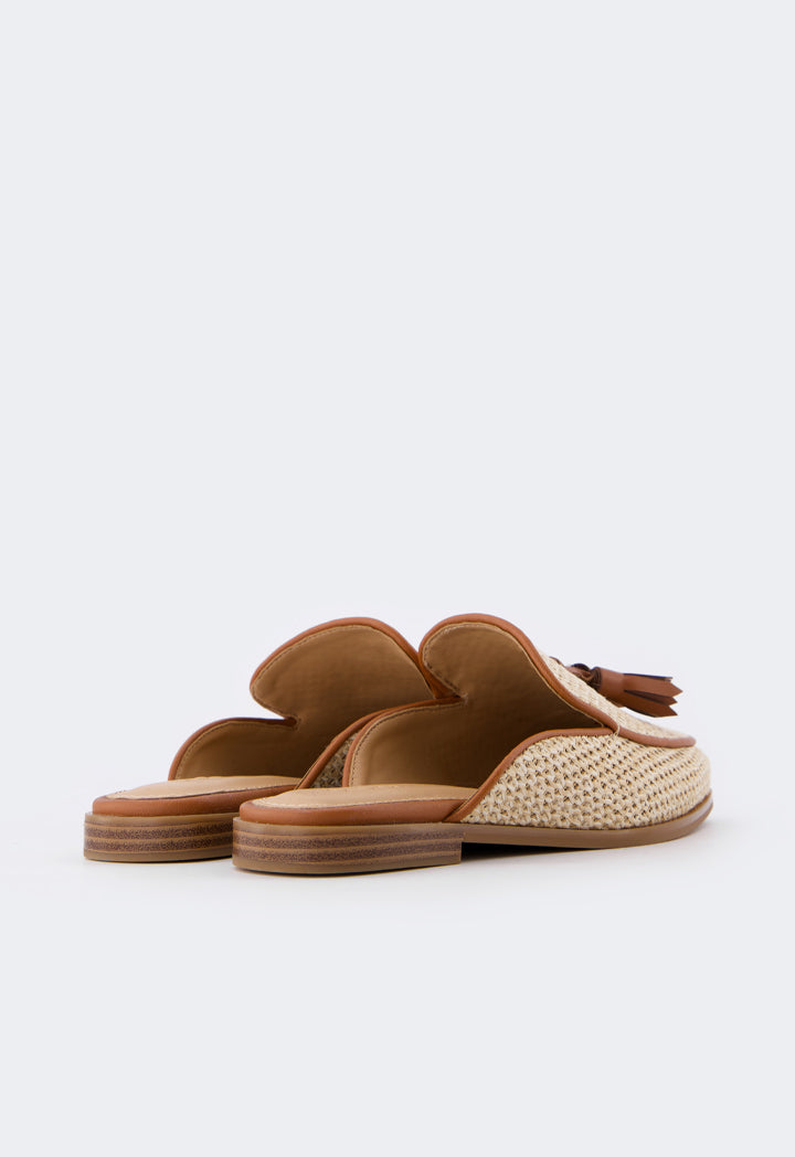 Choice Intricate Faux Straw Mules Camel