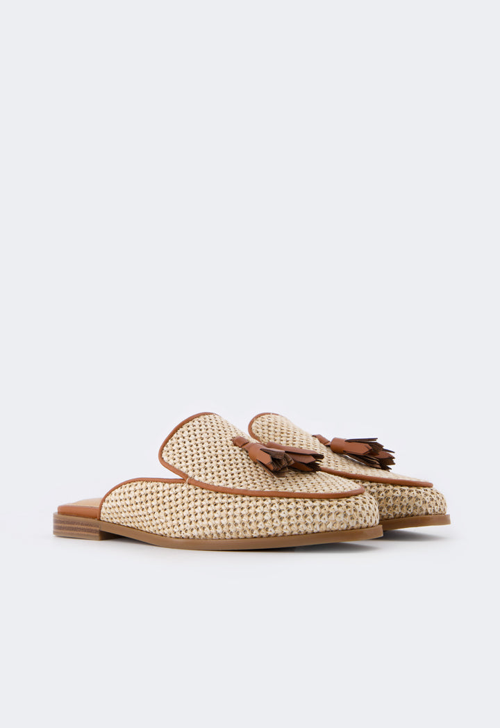 Choice Intricate Faux Straw Mules Camel