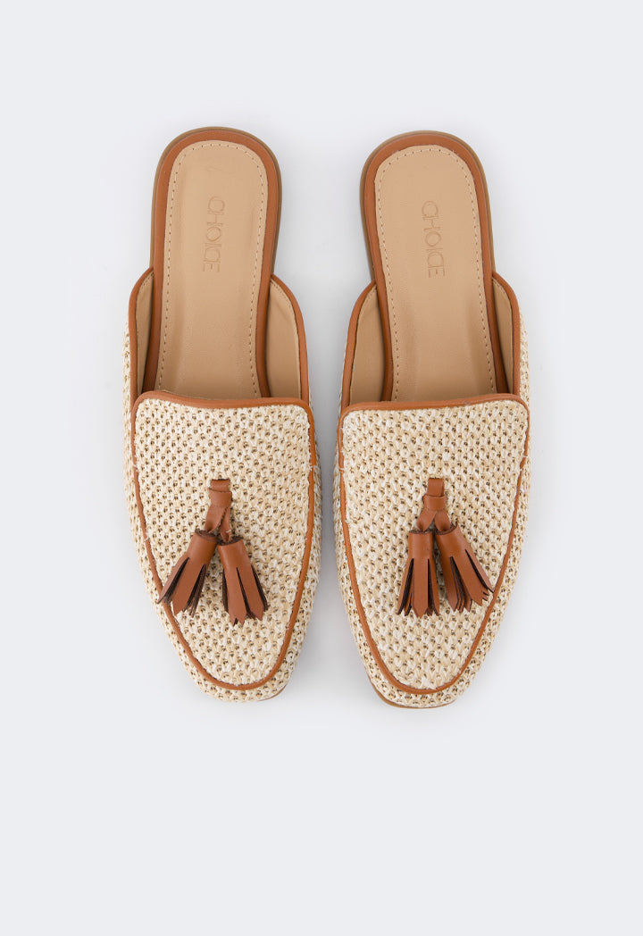 Choice Intricate Faux Straw Mules Camel