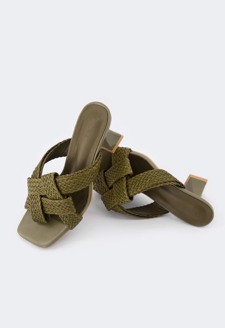 Choice Intricate Faux Straw Heeled Sandals Green
