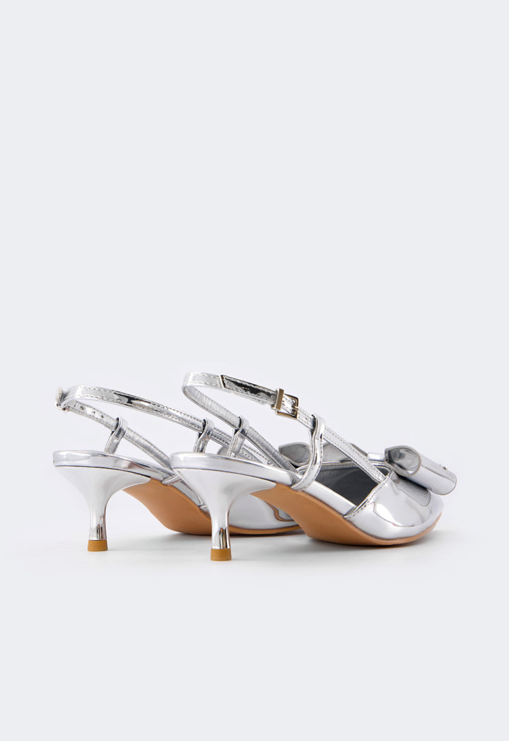 Choice Bow Embellished Sling Back Heels Silver