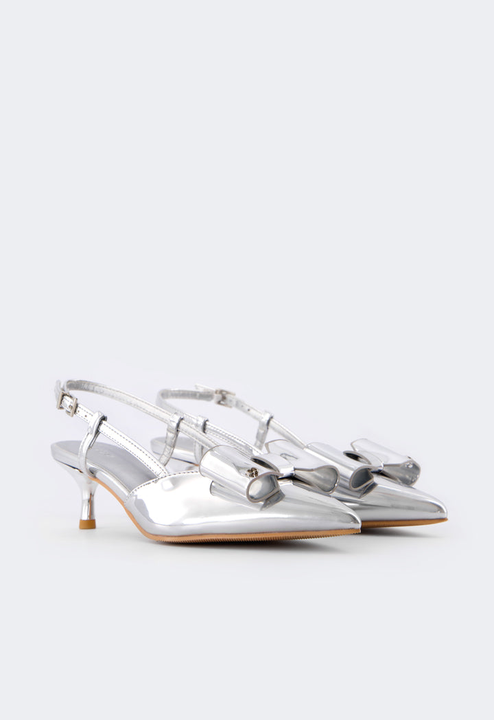 Choice Bow Embellished Sling Back Heels Silver