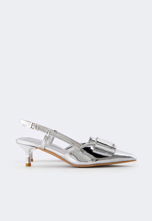 Choice Bow Embellished Sling Back Heels Silver