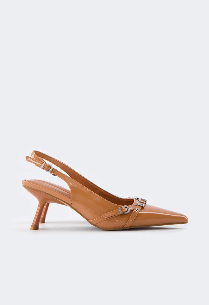 Choice Buckle Strap Sling Back Heels Camel