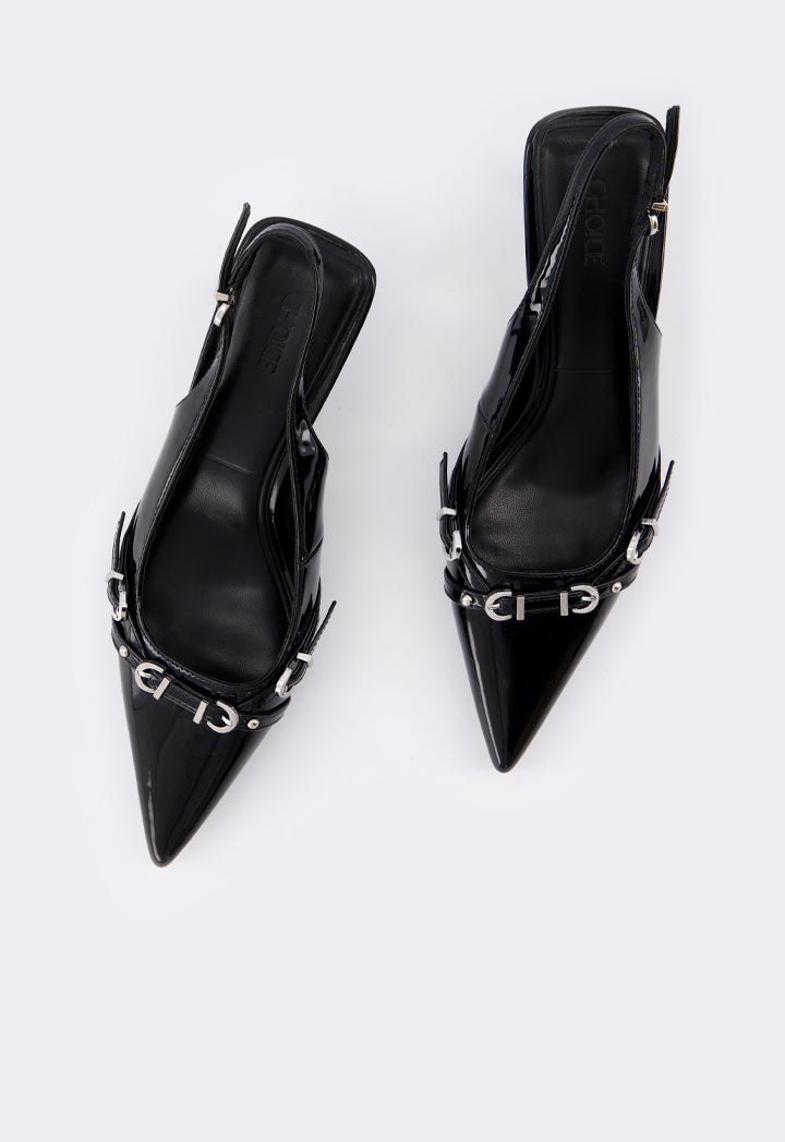 Choice Buckle Strap Sling Back Heels Black