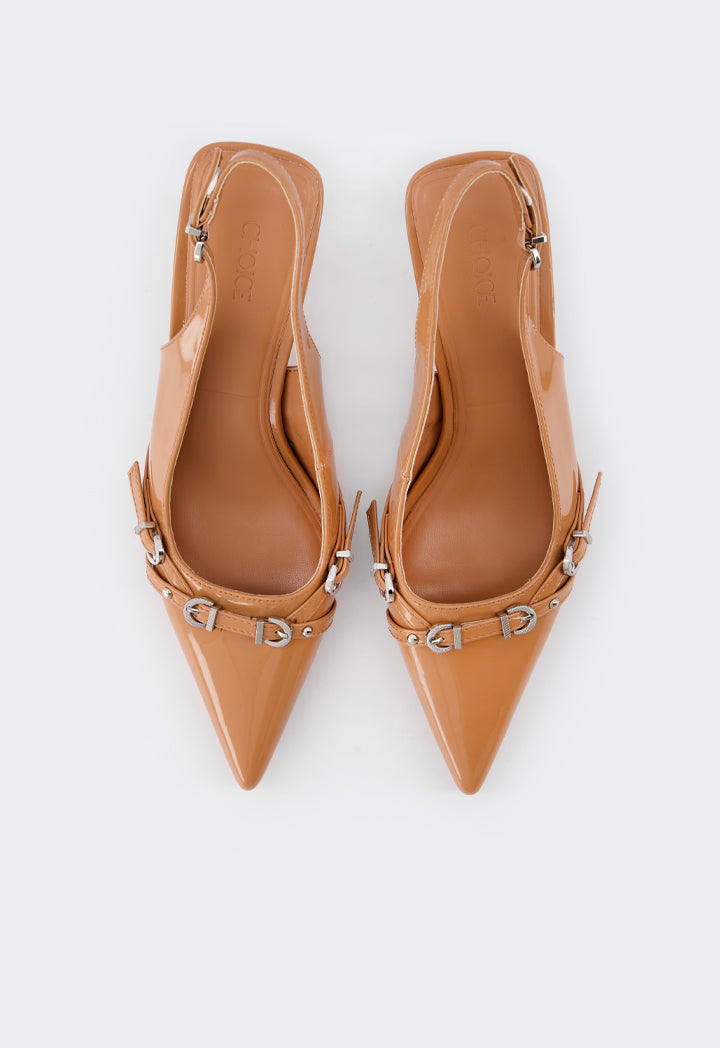 Choice Buckle Strap Sling Back Heels Camel