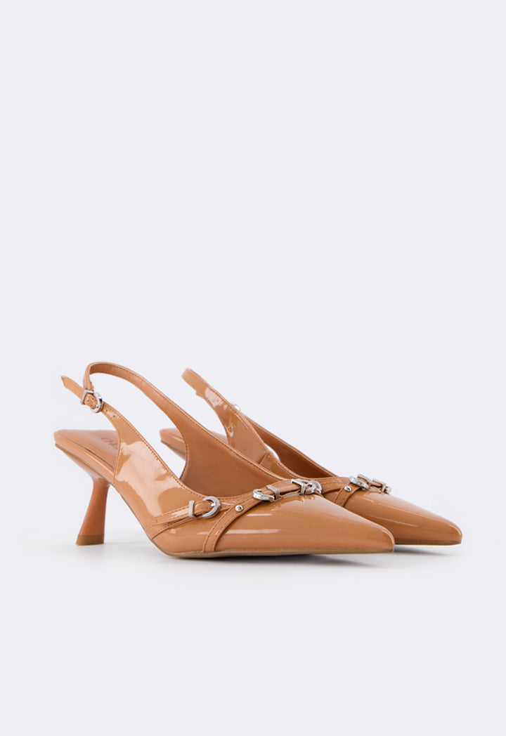 Choice Buckle Strap Sling Back Heels Camel