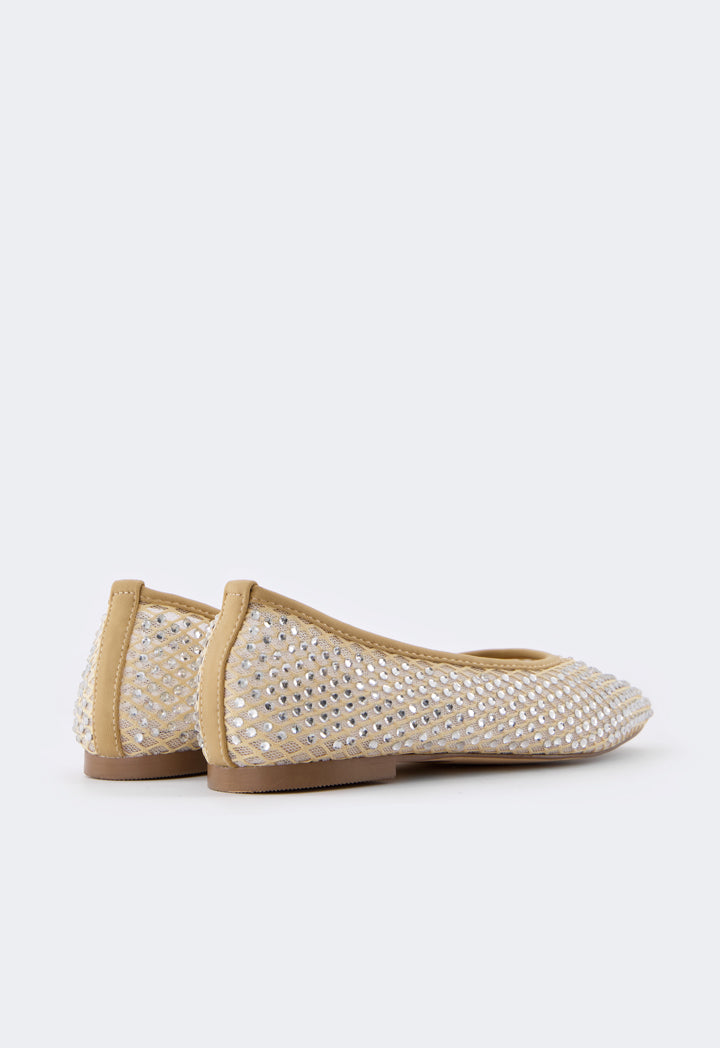 Choice Crystal Embellished Mesh Ballerinas Beige