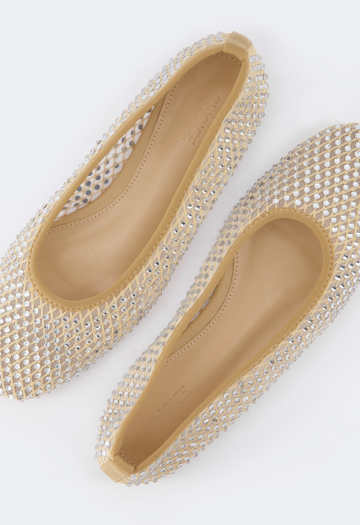 Choice Crystal Embellished Mesh Ballerinas Beige