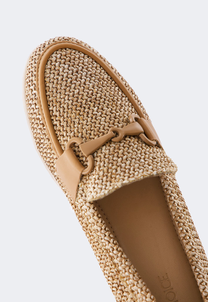 Choice Raffia Pu Leather Loafers Camel