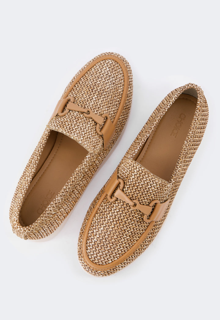 Choice Raffia Pu Leather Loafers Camel