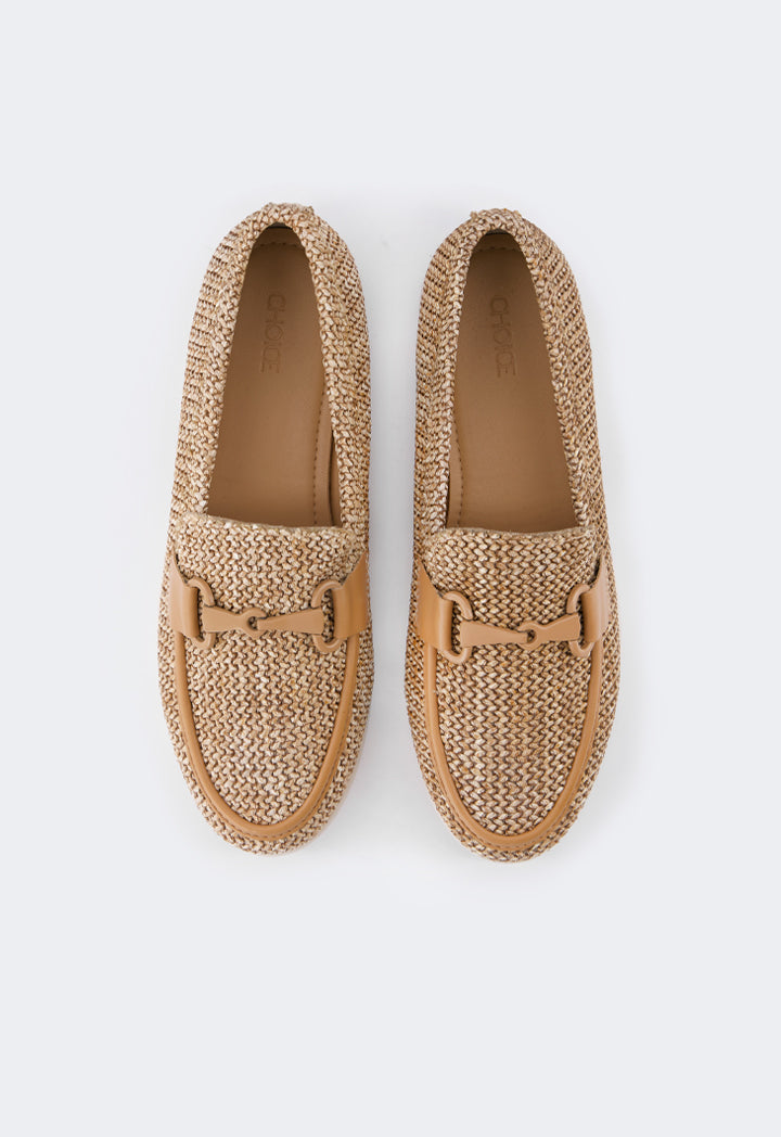 Choice Raffia Pu Leather Loafers Camel