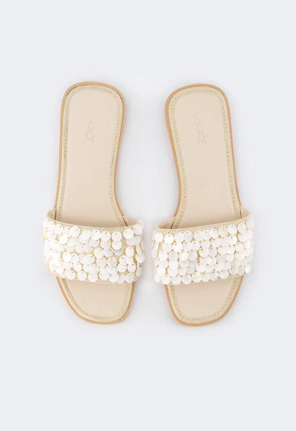 Choice Mother Of Pearls Flat Slippers Cream