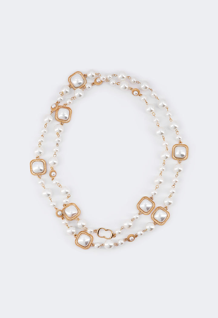 Choice Long Faux Pearls Metallic Necklace Off White