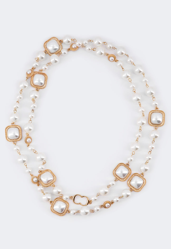 Choice Long Faux Pearls Metallic Necklace Off White