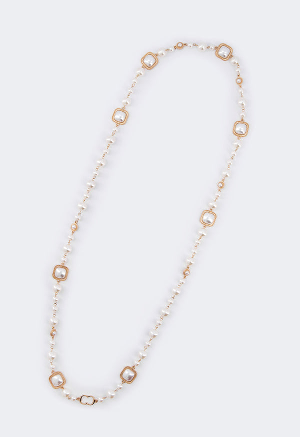 Choice Long Faux Pearls Metallic Necklace Off White