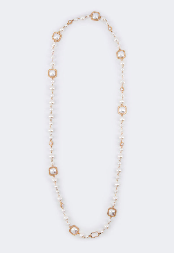 Choice Long Faux Pearls Metallic Necklace Off White