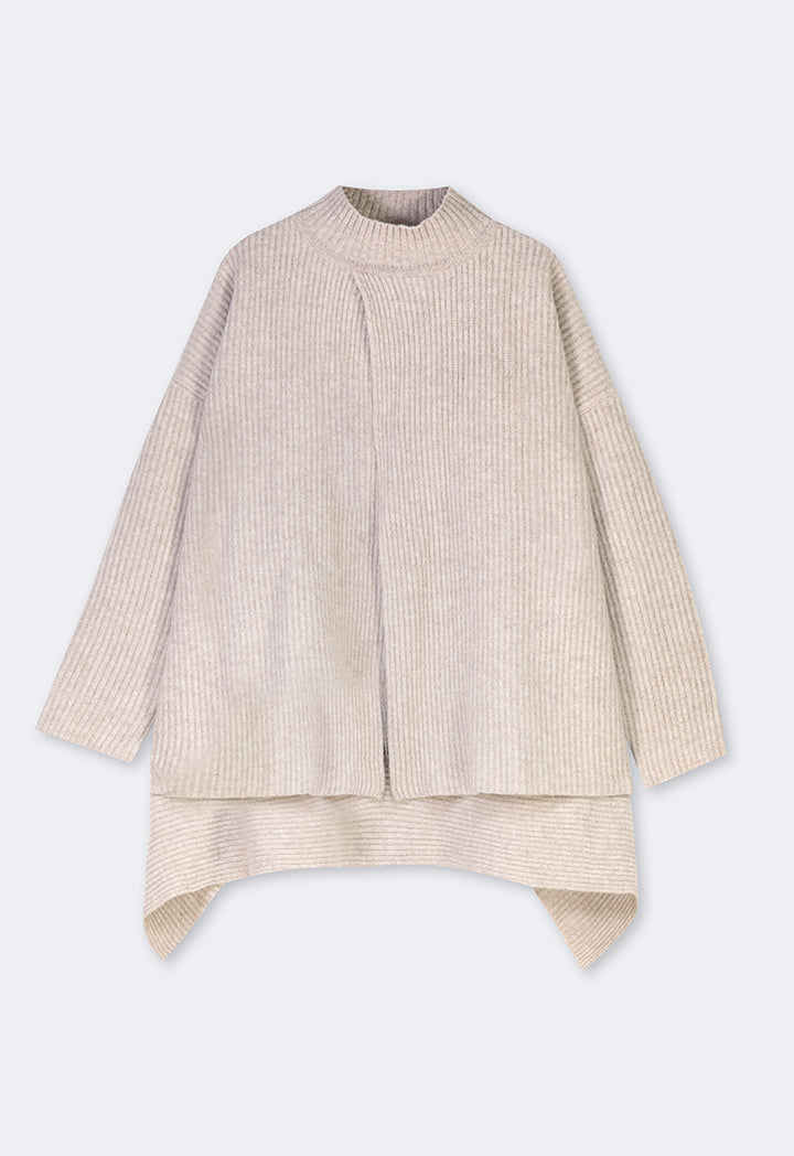 Choice Solid Knitted Ribbed Blouse  Oatmeal