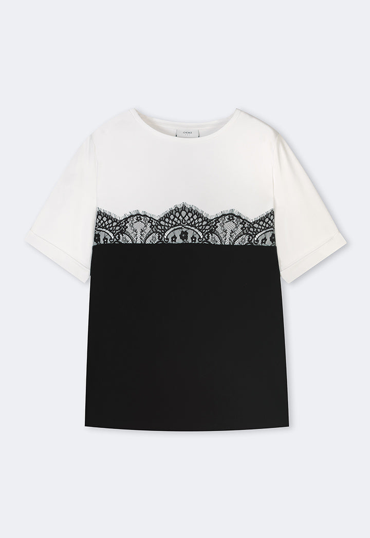 Choice Contrast Short Sleeves Lace Detail T-Shirt Black/Offwhite