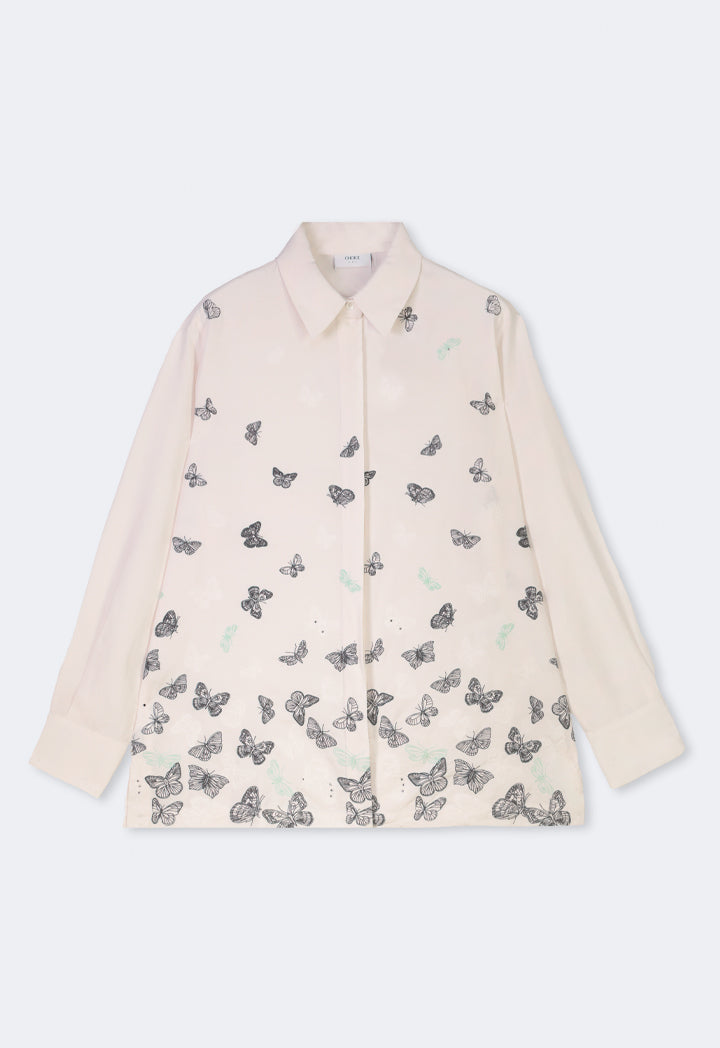 Choice Butterfly Embroidered Long Sleeves Shirt Beige