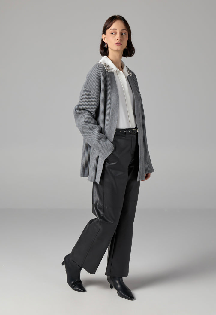 Choice Drop Shoulder Ribbed Cardigan Grey