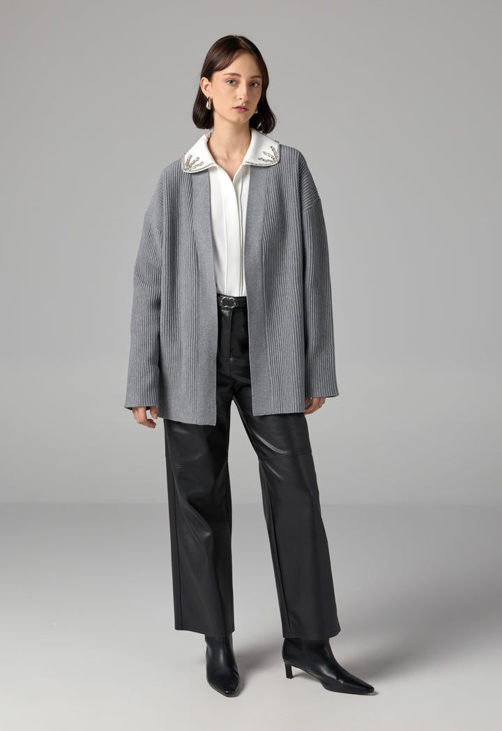 Choice Drop Shoulder Ribbed Cardigan Grey