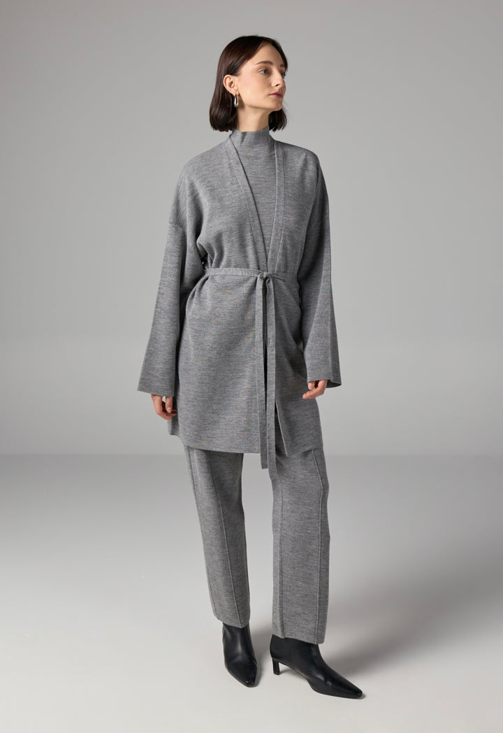 Choice Long Sleeves Knitted Belted Cardigan Grey