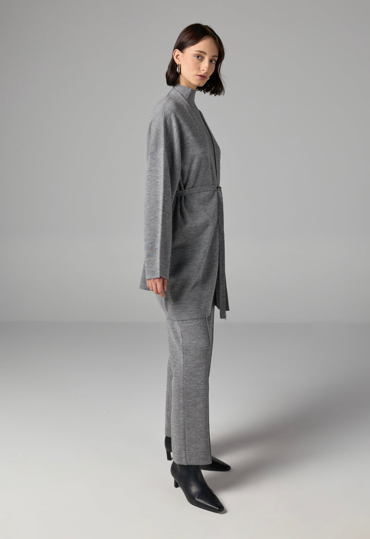 Choice Long Sleeves Knitted Belted Cardigan Grey