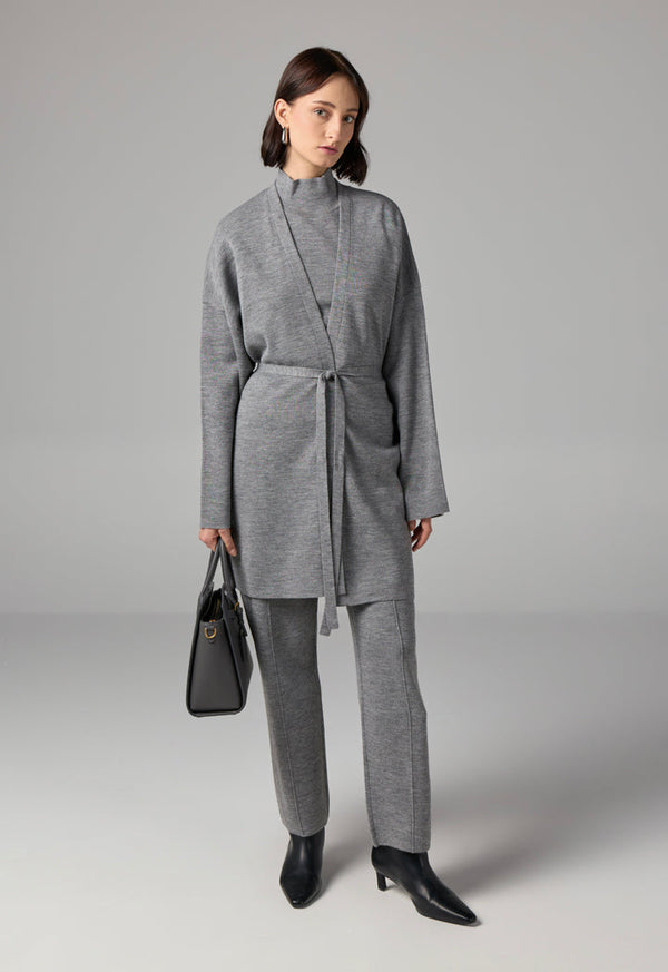Choice Long Sleeves Knitted Belted Cardigan Grey