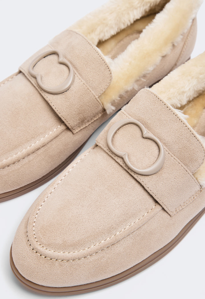 Choice Shearling Detailed Suede Loafers Beige