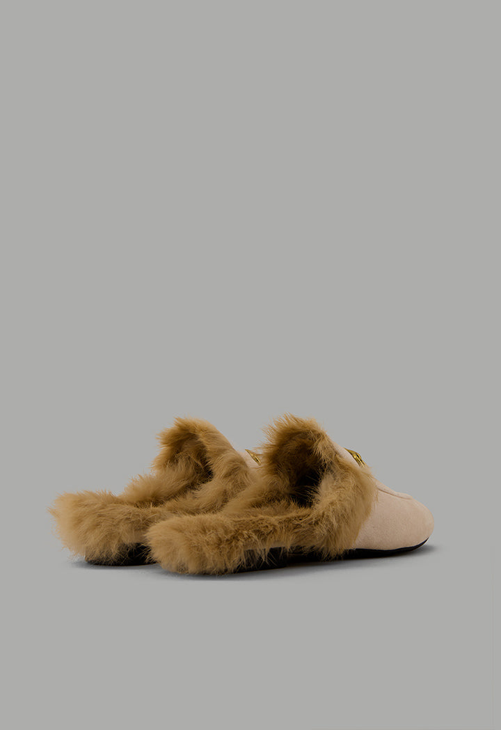 Choice Faux Fur Quilted Mules Light Beige