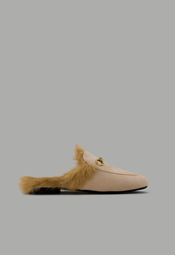 Choice Faux Fur Quilted Mules Light Beige
