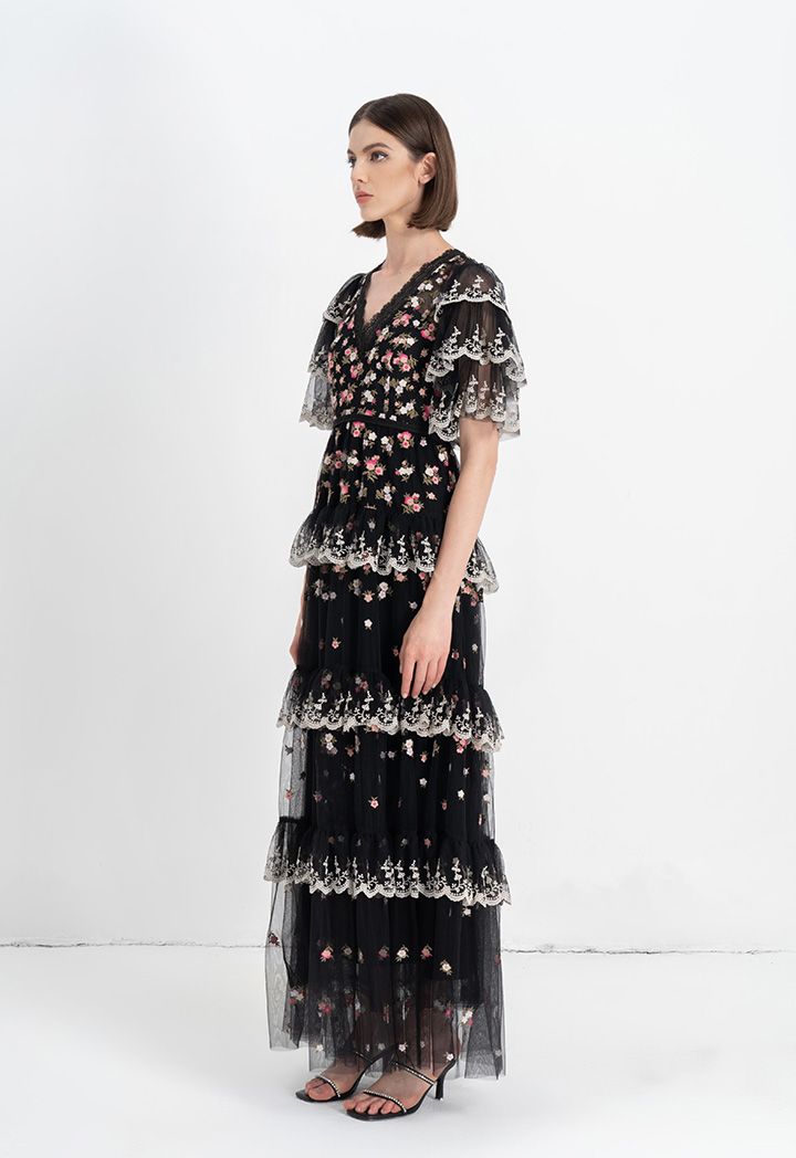 Choice All Over Embroidered Floral Layered Maxi Dress Black