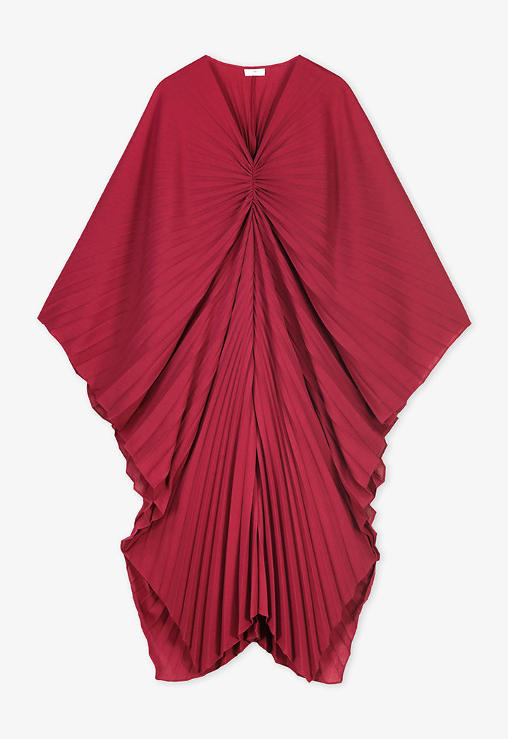 Choice Solid Pleated Dress Burgundy