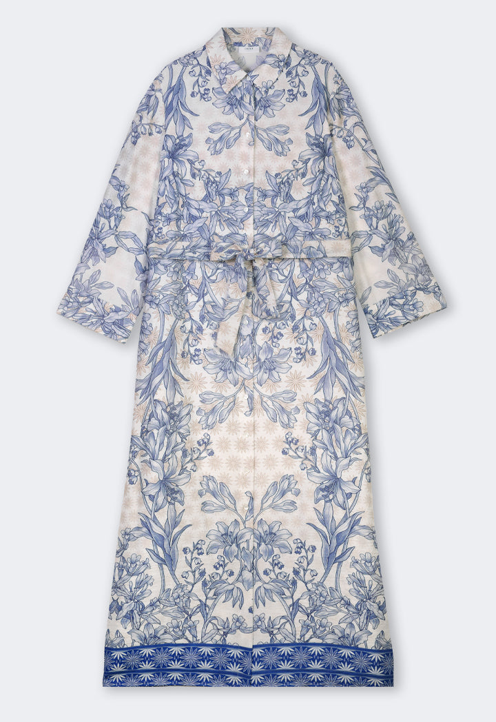 Choice Floral Printed Belted Shirt Dress Blue