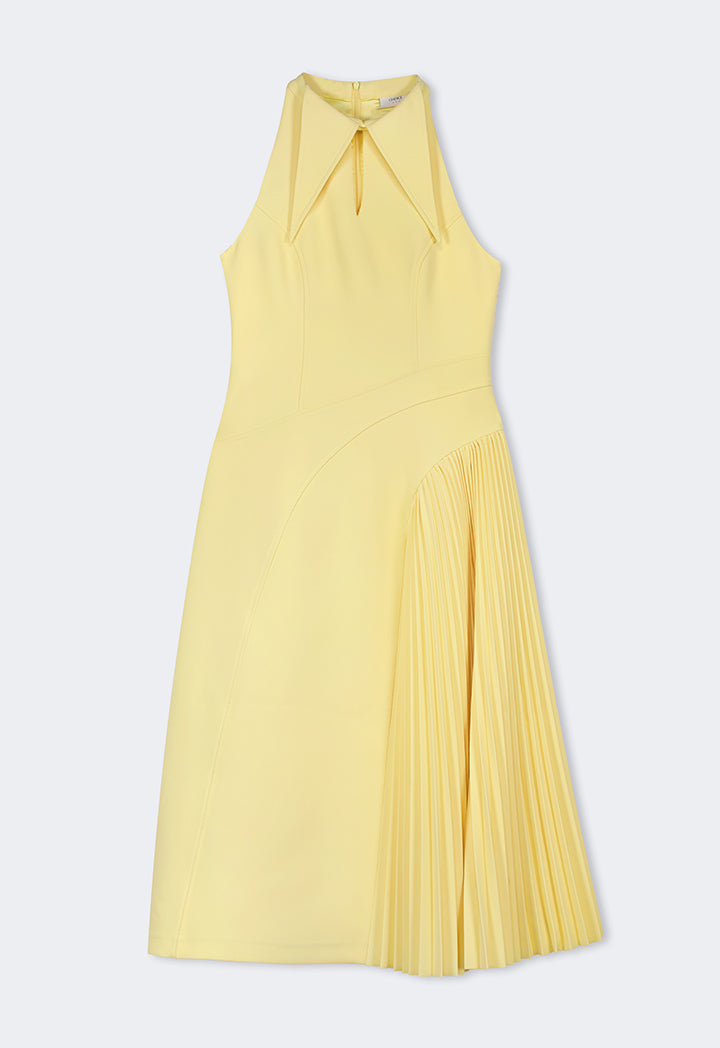 Choice Pointed Collar Pleated Maxi Dress Yellow